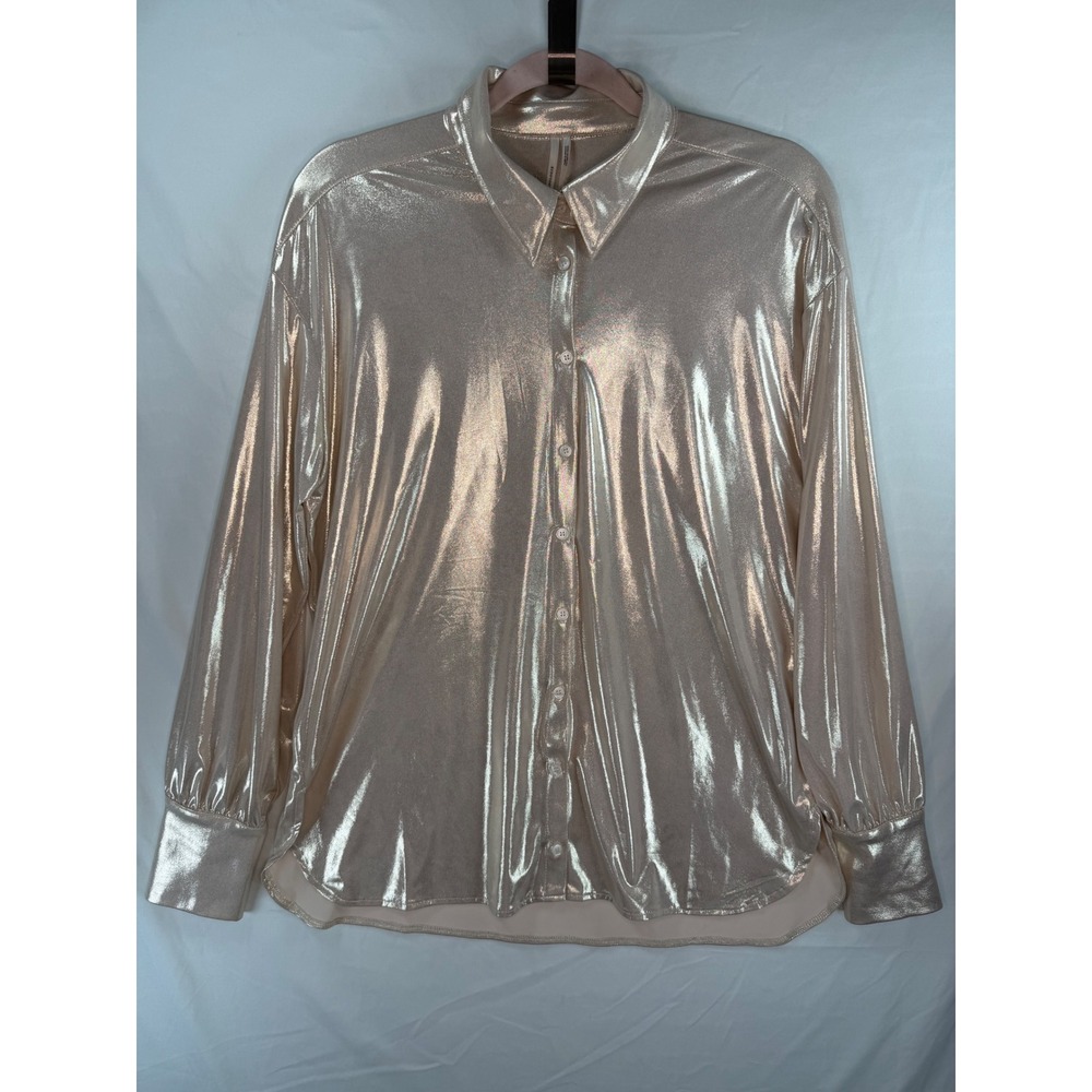 Champagne Gold Metallic Button Down Shirt Long Sleeve Shimmer Blouse Top